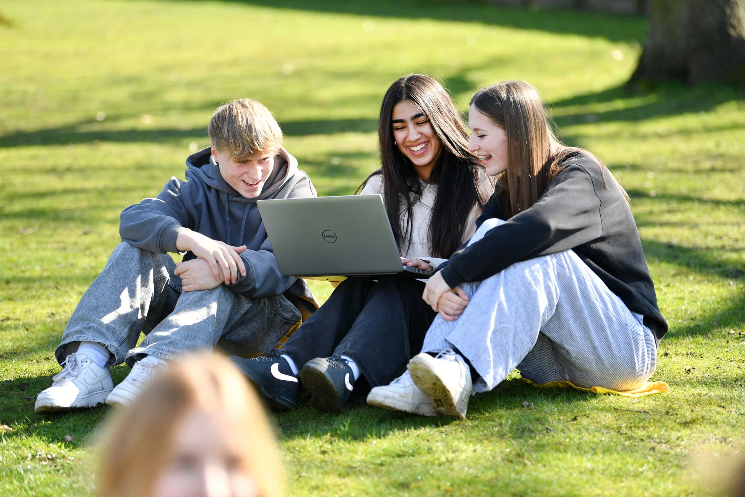 3 students sitting on the grass looking at a laptop